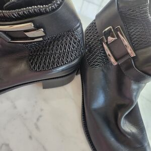 Aquatalia Black Leather Heeled Ankle Boots with Silver Buckle